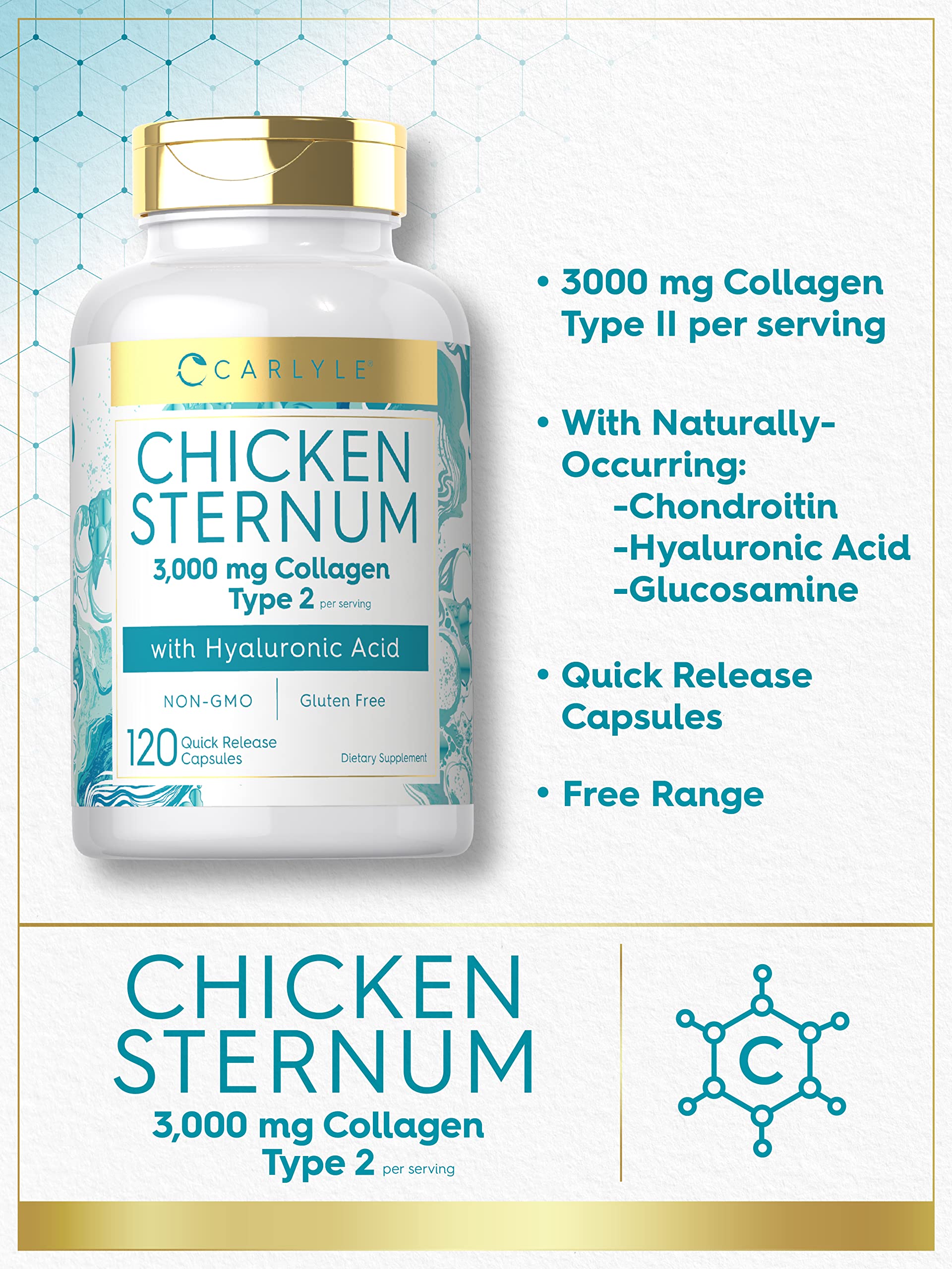 Carlyle Chicken Sternum Cartilage Collagen Capsules | Type II 3000mg | 120 Pills | with Hyaluronic Acid | Non-GMO, Gluten Free